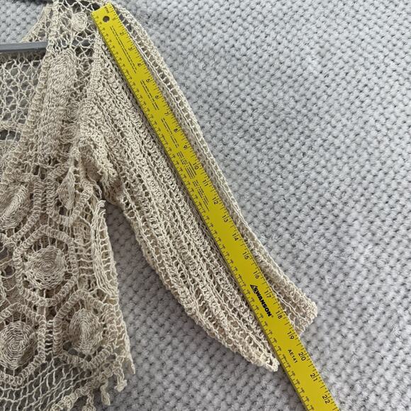 Y2K VTG Fever Cardigan L Beige Crochet V-Neck Tie Front Coquette Boho Festival - Picture 11 of 14